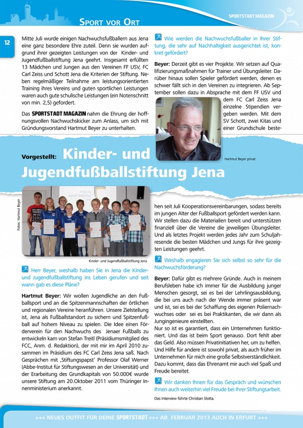 SportsstadtMagazin, Sep.2012, berichtet über die Kinder - und Jugendfußballstiftung Jena